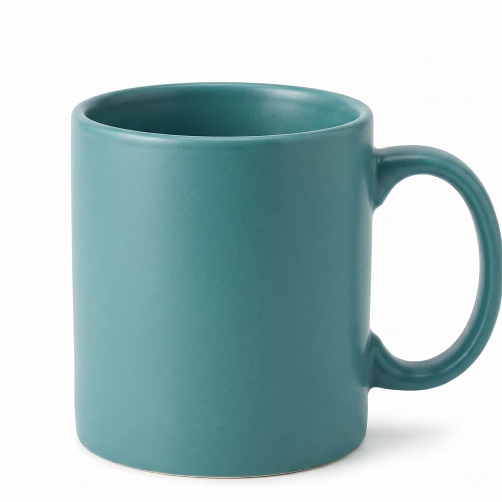 Fixed photo of the same teal ceramic mug: filling the frame on a pure white background, watermark removed