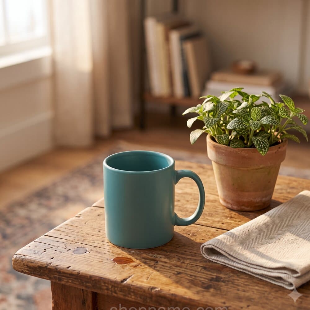 Your raw photo of a teal ceramic mug: small in the frame on a cluttered wooden table, with a shopname watermark